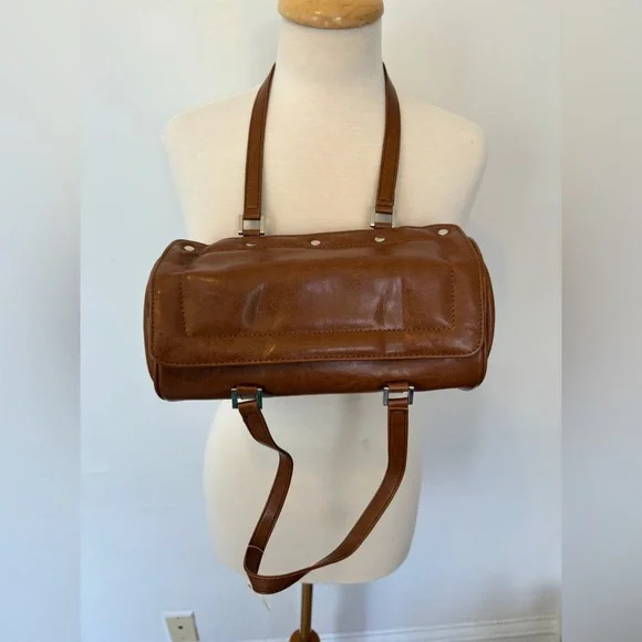 Vintage Cognac Brown Barrel Cylinder Shoulder Bag Set w Matching Wallet Y2K - Picture 2 of 9